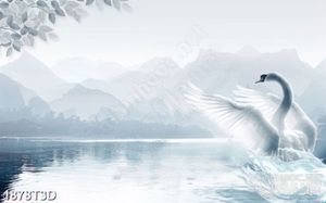 Tranh 3d dán tường thiên nga trắng trên hồ phủ đây sương