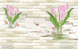 Tranh 3d  trang trí hoa tulip màu tím trên hồ cá chép