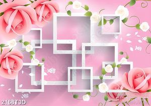 Tranh 3d dán tường bông hoa hồng phấn và những ô vuông