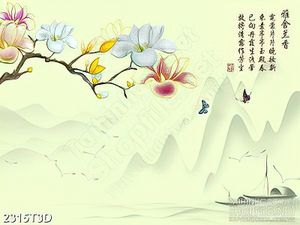 Tranh 3d  trang trí cành hoa mộc lan trên sông dưới núi