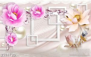 Tranh 3d treo tường bông hoa hồng nhung và hoa sen