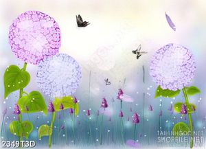 Tranh 3d nghệ thuật khu vườn hoa cẩm tú cầu và đàn bướm