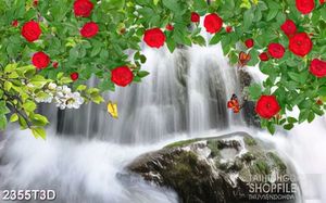Tranh 3d  trang trí hoa hồng leo bên thác nước trắng xóa