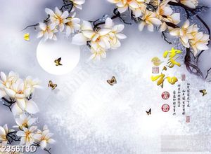Tranh 3d treo tường bông hoa mộc lan trên cành bên trăng