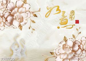 Tranh 3d dán tường bông hoa giả ngọc trên hồ thiên nga