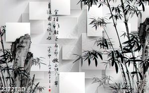 Tranh 3d treo tường những hàng tre bên ngọn núi thư pháp