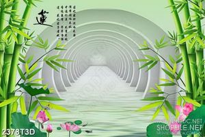 Tranh 3d dán tường cây tre xanh và sen trên hồ cá chép psd
