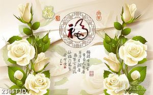 Tranh 3d dán tường cây hoa hồng trắng đọng giọt sương
