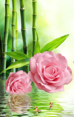 Tranh 3d  trang trí bông hoa hồng phấn trên mặt nước trong