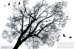 Tranh 3d dán tường tán cây cổ thụ bên đàn chim bay lượm