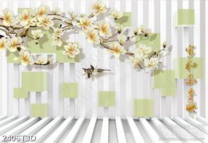 Tranh 3d dán tường đôi chim non bên cành hoa mộc lan