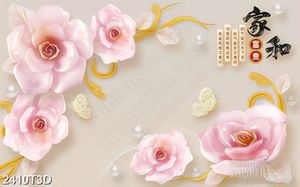 Tranh 3d dán tường bông hoa hồng phấn thân dáp vàng