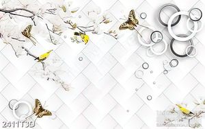 Tranh 3d  trang trí cành hoa đào nở rộ bên đàn bướm xinh