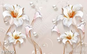 Tranh 3d treo tường bông hoa ly trắng bên viên ngọc trai
