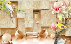 Tranh 3d dán tường chú vẹt trắng đậu trên cành cây xanh lá