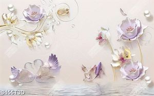 Tranh lụa hoa và thiên nga giả ngọc 3D in kính