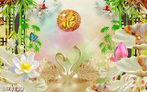 Tranh phong thủy hoa sen thiên nga và chữ hán