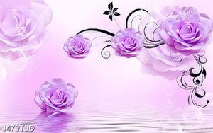 Tranh hoa hồng tím trên mặt hồ lãng mạng