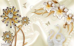 Tranh lụa hoa trang sức đính ngọc và thiên nga trang trí phòng đẹp