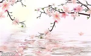 Tranh trang trí phòng ngủ hoa đào trên mặt nước lãng mạng