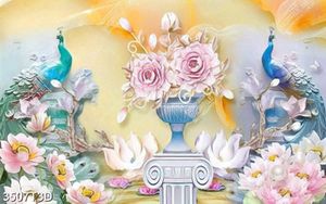 Tranh 3D hoa và chim khổng tước sang trọng