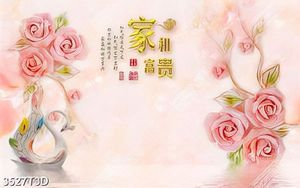 Tranh 3D hoa hồng và thiên nga trên mặt hồ