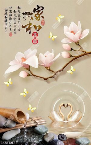 Tranh 3D hoa mộc lan và thiên nga trên mặt hồ