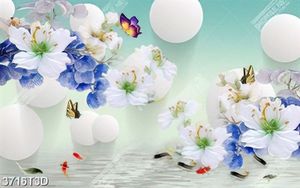 Tranh 3D hoa trắng và cá chép in kính chất lượng cao