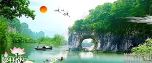 Tranh sơn thủy và chim Hạc đẹp độc đáo