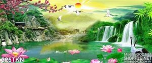 Tranh sơn thủy thác nước và hoa Sen