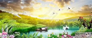 Tranh nước bên dòng sông và chim Hạc