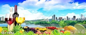 Tranh rượu vang và trái cây trang trí bếp