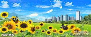 Tranh hoa hướng dương và thành phố hiện đại