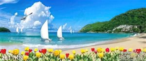 Tranh bãi biển và hoa tulip