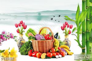 Tranh psd bếp hoa và giỏ trái cây treo tường