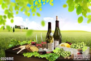Tranh bếp chai rượu nho trên cánh đồng nho
