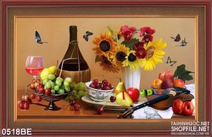 Tranh psd bếp hoa rượu và trái cây