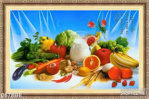Tranh rau củ quả tươi xanh dán bếp 3d