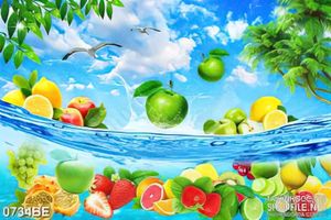 Tranh trái cây tươi trên biển xanh dán tương bếp
