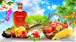 Tranh bếp chai rượu ngoại trên bàn đầy trái cây