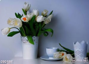 Tranh in bếp bình hoa tulip trắng trên bàn ăn