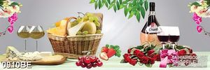 Tranh psd bếp chiếc giỏ bánh ngọt và trái cây