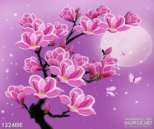 Tranh 3d bếp cây đào dưới trăng