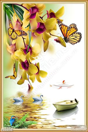 Tranh treo bếp đàn bướm bên nhành lan