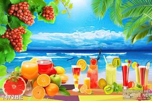 Tranh psd bếp chiếc bàn nước trái cây trên bờ biển