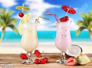 Tranh 2 ly sinh tố trên bàn gỗ treo tường bếp