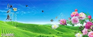 Tranh kính 3d ốp bếp hoa mẫu đơn và đồi cây xanh