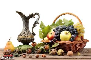 Tranh chiếc bình kiểu và trái cây tươi trên bàn gỗ treo tường bếp