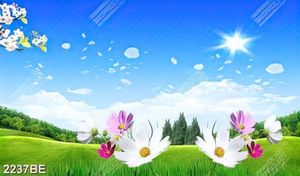 Tranh hoa cỏ và bầu trời xanh trên tường bếp