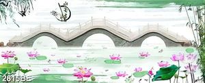 Tranh vẽ cây cầu bắc qua hồ sen trang trí tường bếp